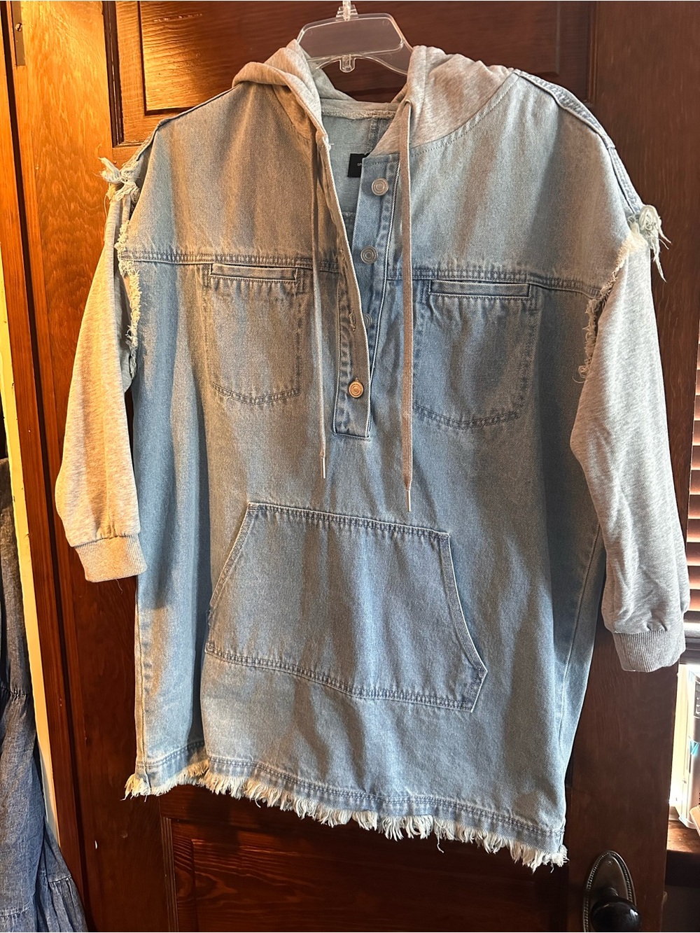 Denim Hoodie Mini Dress in Light Blue